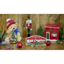Ourson assis avec sapin de Noël lumineux animé sonore polyrésine 26x26xH34,5cm
