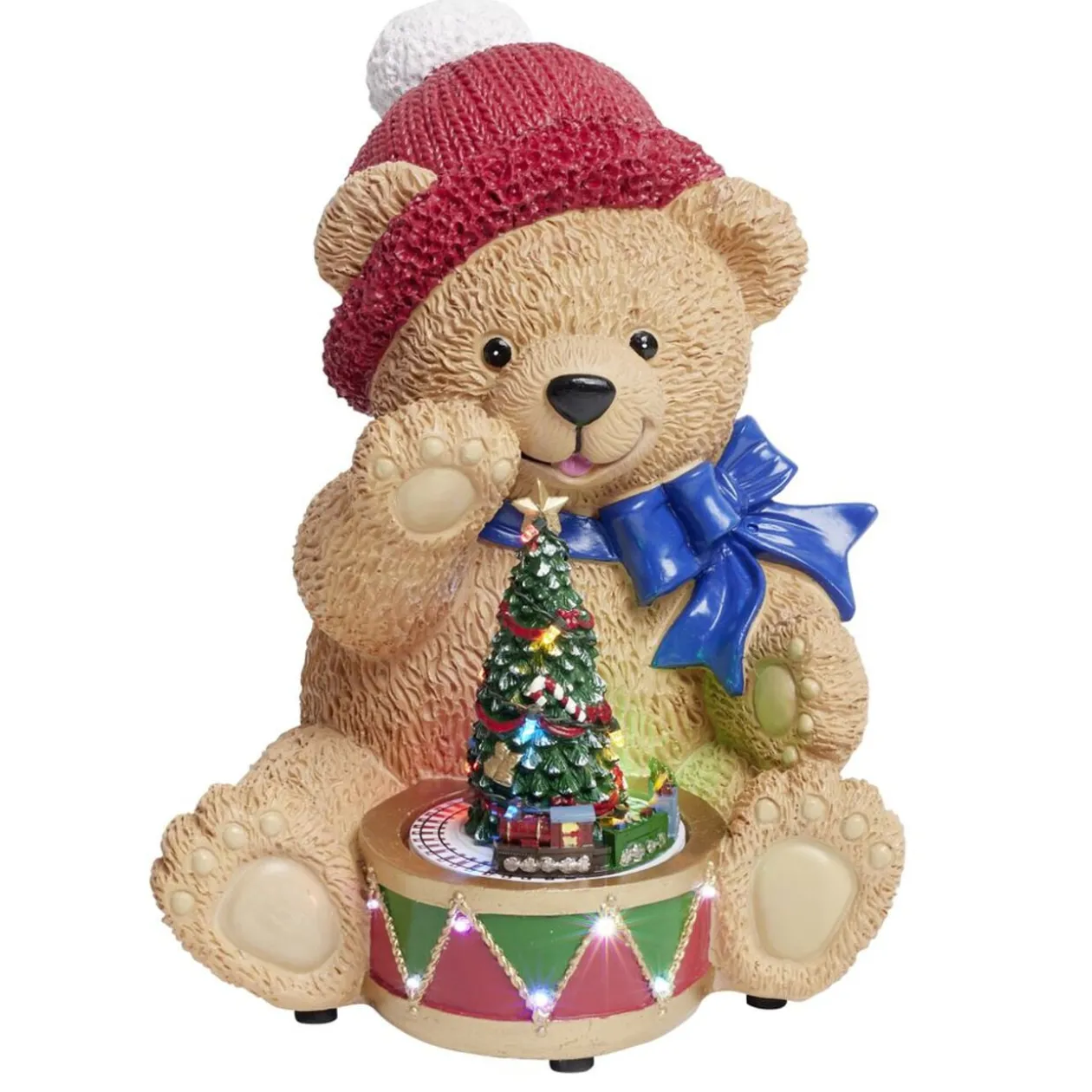 Ourson assis avec sapin de Noël lumineux animé sonore polyrésine 26x26xH34,5cm