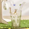 Paille en verre x4 décor papillon avec goupillon L20cm