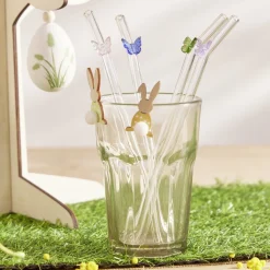 Paille en verre x4 décor papillon avec goupillon L20cm
