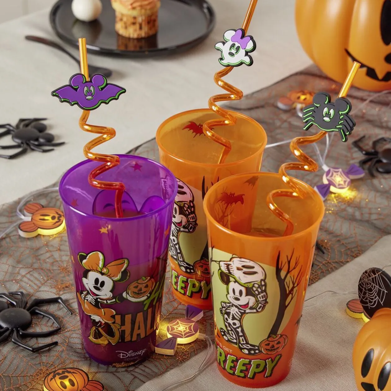 Paille Halloween Disney Mickey x4 plastique torsadé orange L27,5cm
