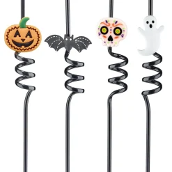 Paille réutilisable Halloween x4 spirale plastique noir L24cm