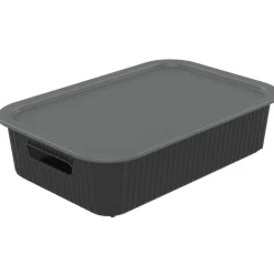 Panier de rangement 2L Vibox plastique noir avec couvercle gris 26x17,5xH6cm