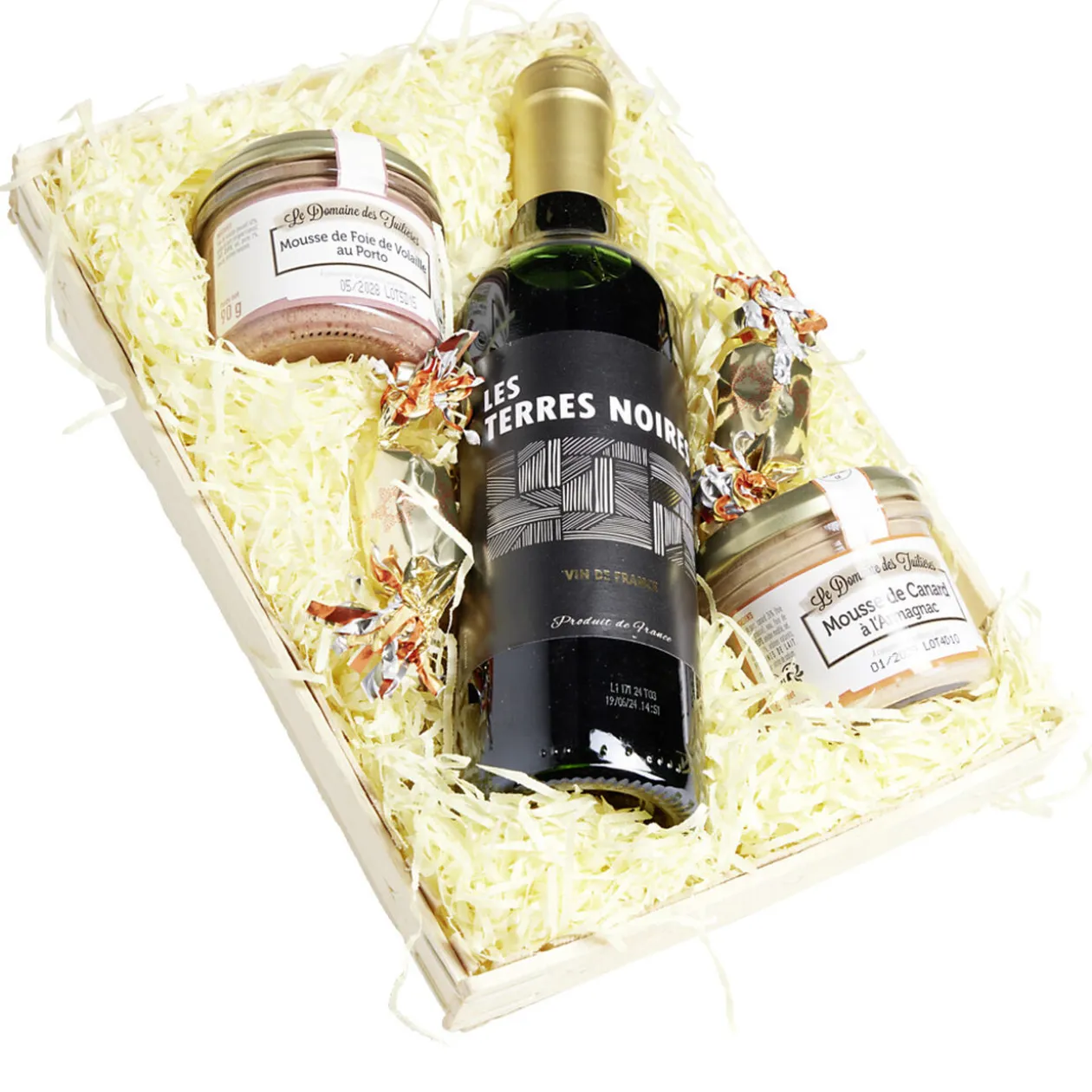Panier gourmand 1 bouteille vin rouge/2 pâtés/2 papillotes chocolat