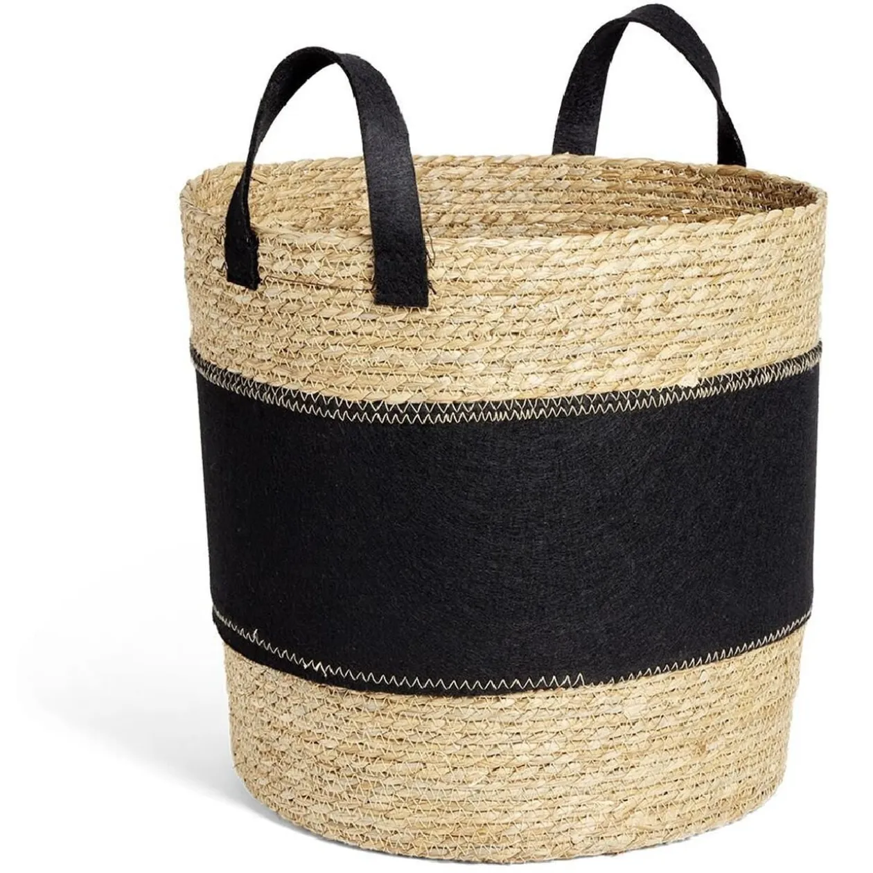 Panier à linge 42L jonc de mer et feutrine noir Ø37xH38cm