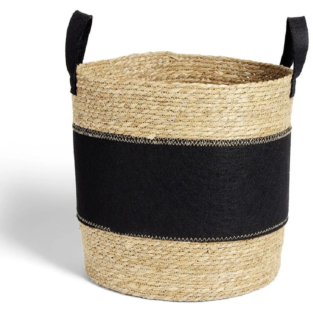 Panier à linge 42L jonc de mer et feutrine noir Ø37xH38cm