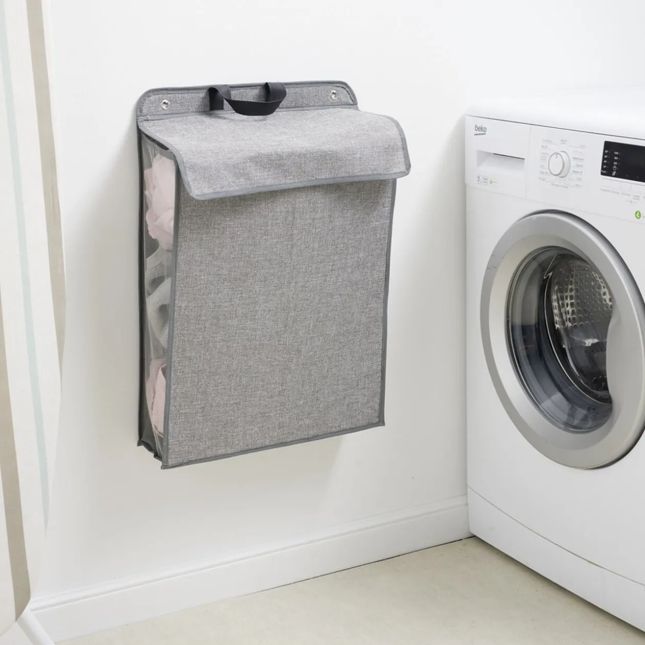 Panier à linge mural pliant tissé gris 40,5x15xH57cm