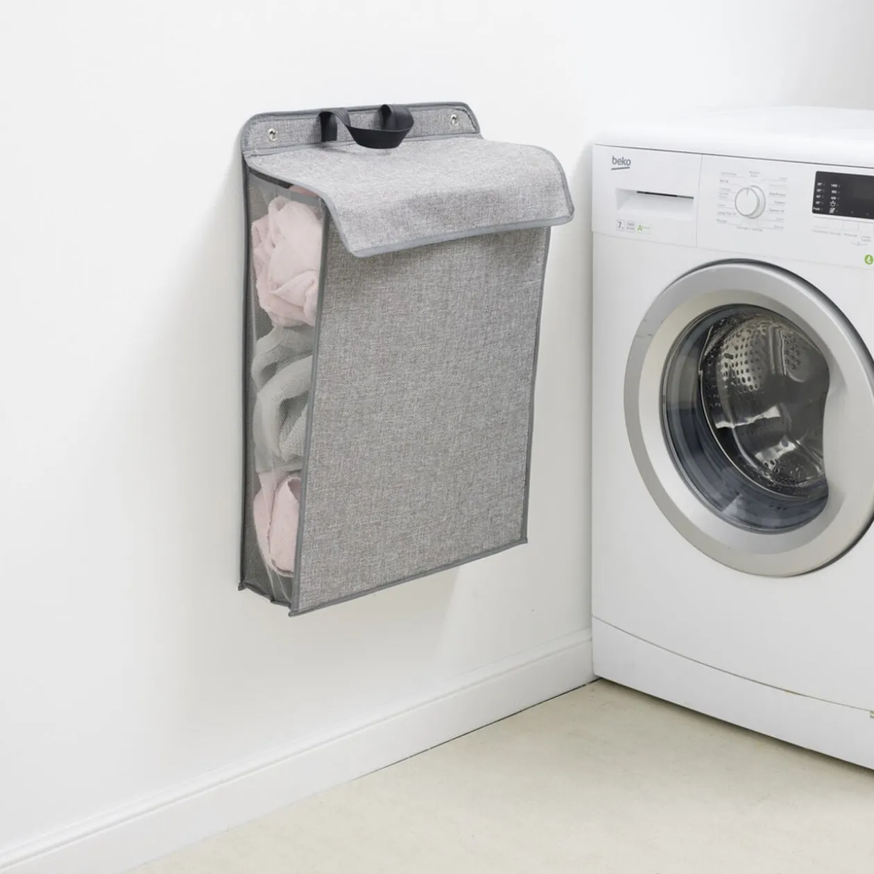 Panier à linge mural pliant tissé gris 40,5x15xH57cm