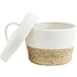 Panière avec couvercle coton jute blanc et naturel petit modèle Ø22xH15cm