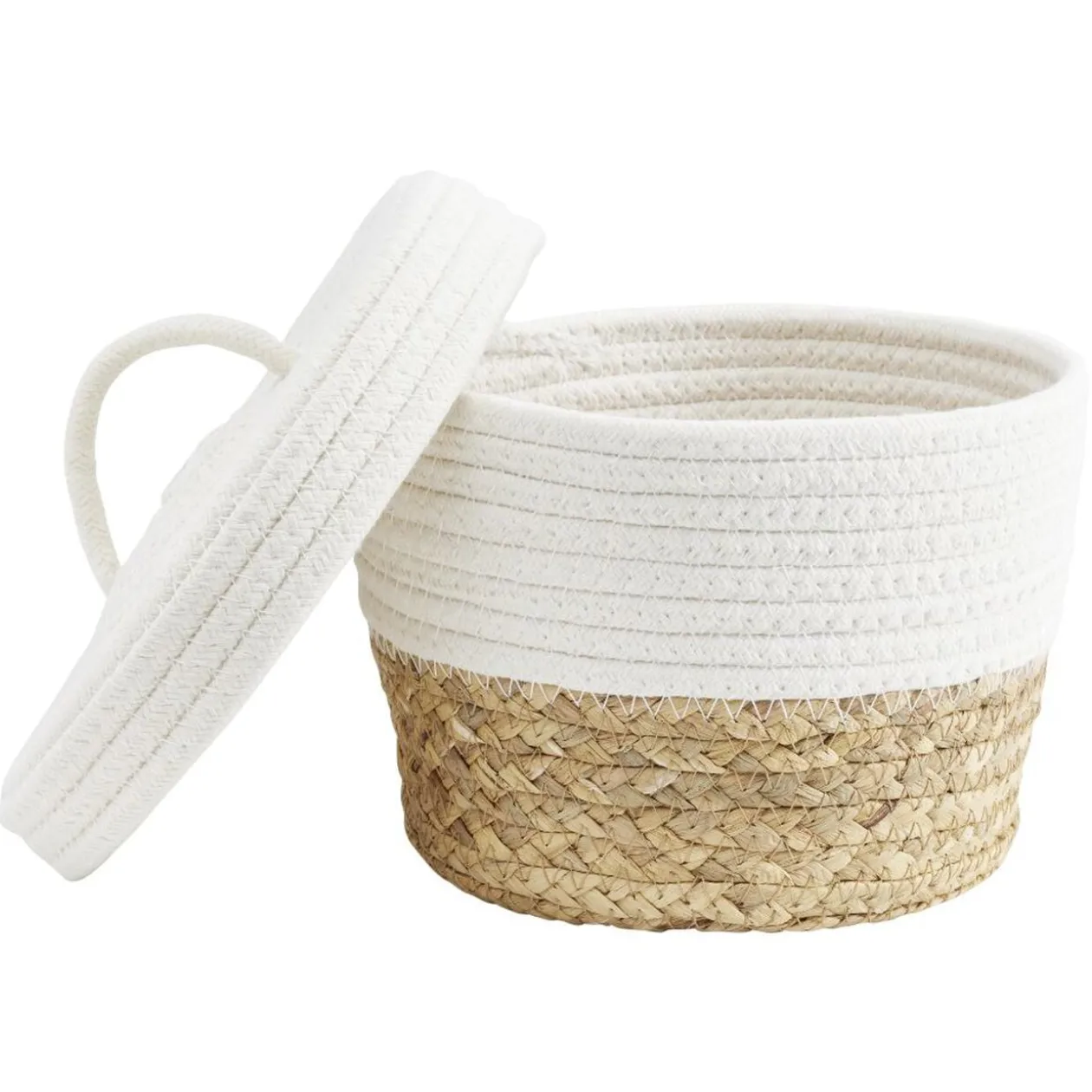 Panière avec couvercle coton jute blanc et naturel petit modèle Ø22xH15cm