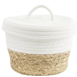 Panière avec couvercle coton jute blanc et naturel petit modèle Ø22xH15cm