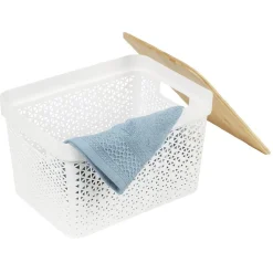 Panière de rangement blanche avec couvercle en bambou moyen modèle < Gifi Hot