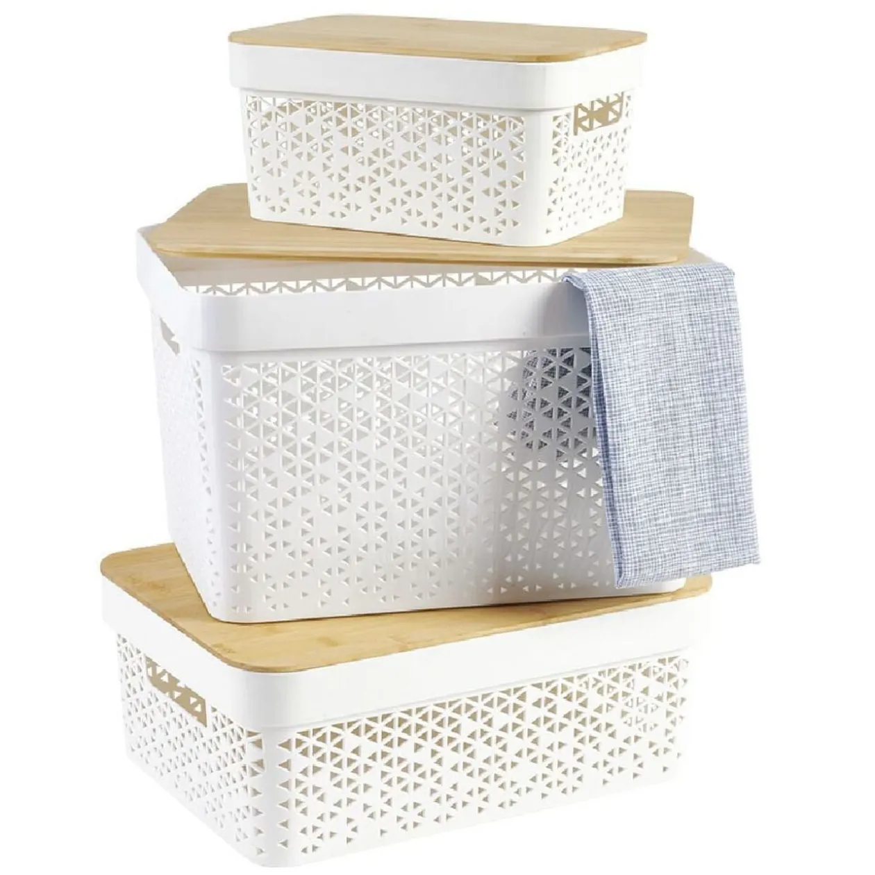 Panière de rangement blanche avec couvercle en bambou grand modèle