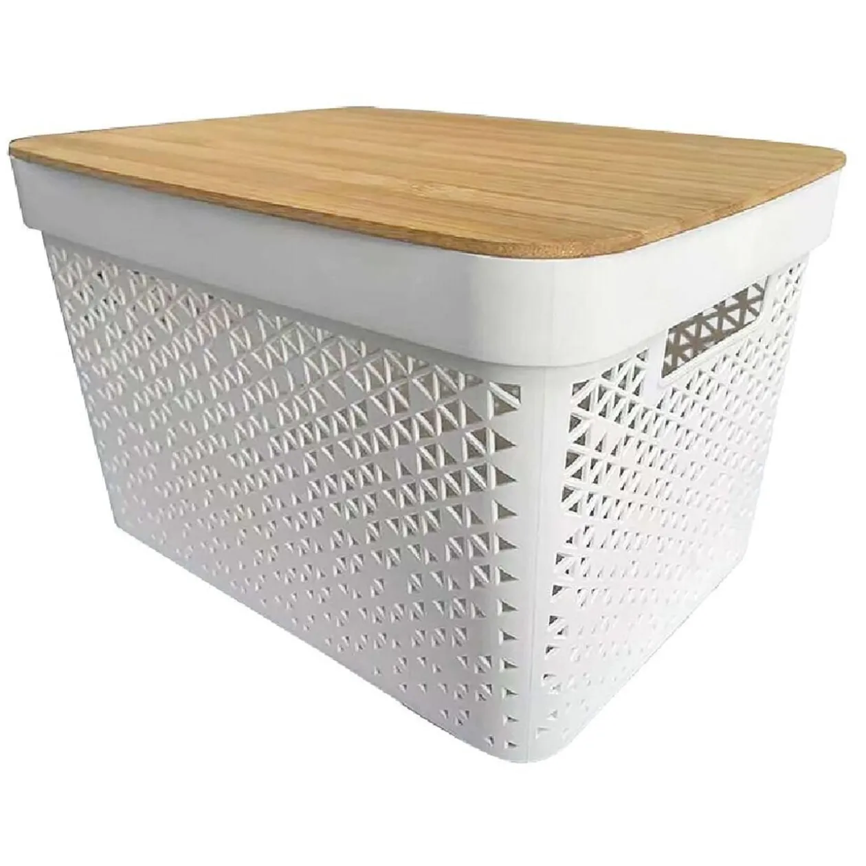 Panière de rangement blanche avec couvercle en bambou grand modèle