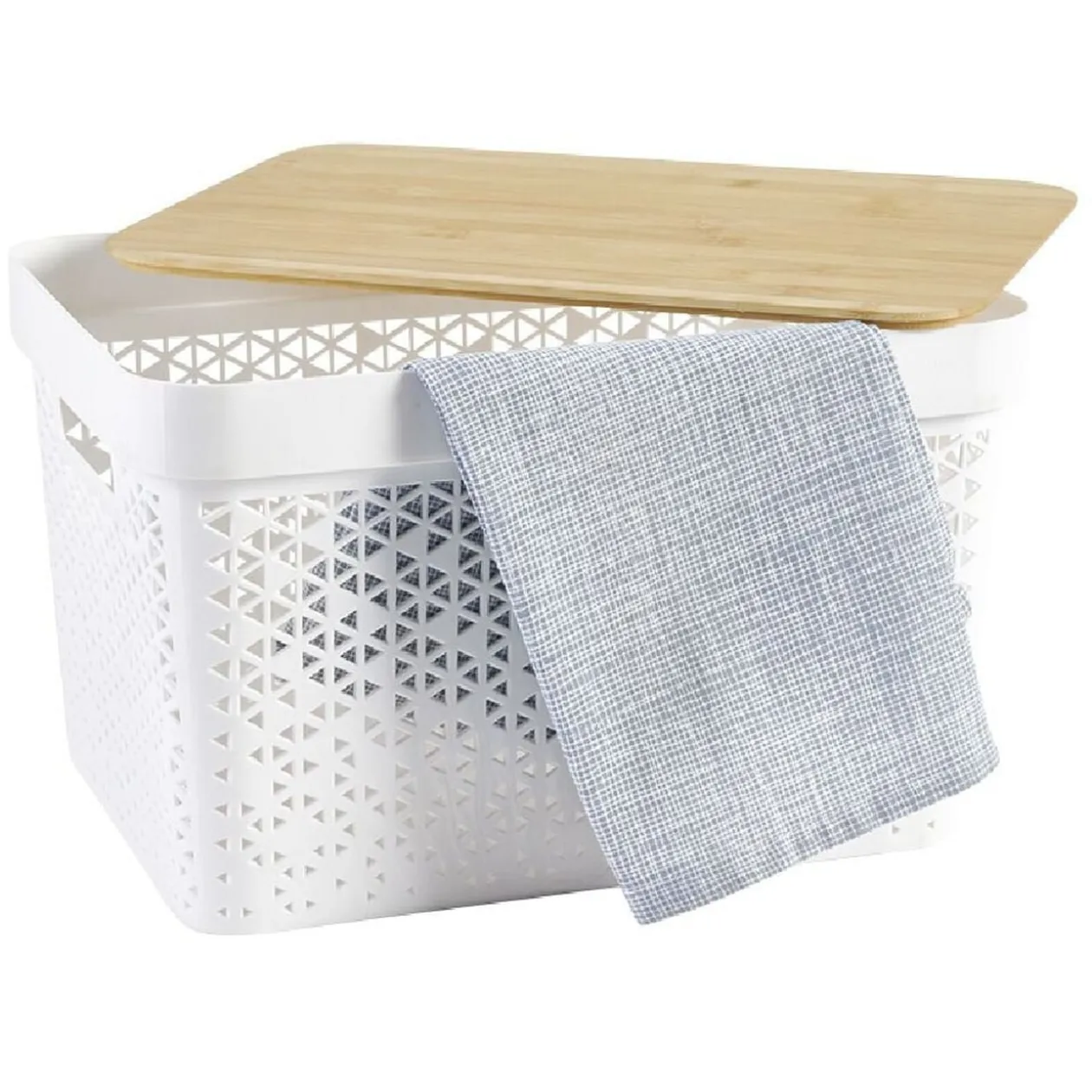 Panière de rangement blanche avec couvercle en bambou grand modèle