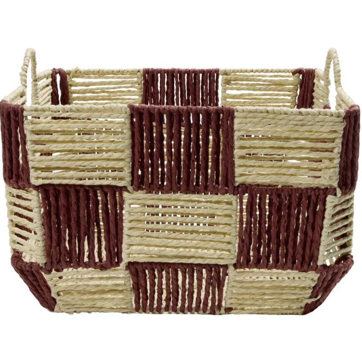 Panière de rangement carrée damier papier beige et rouge 34x34xH24cm