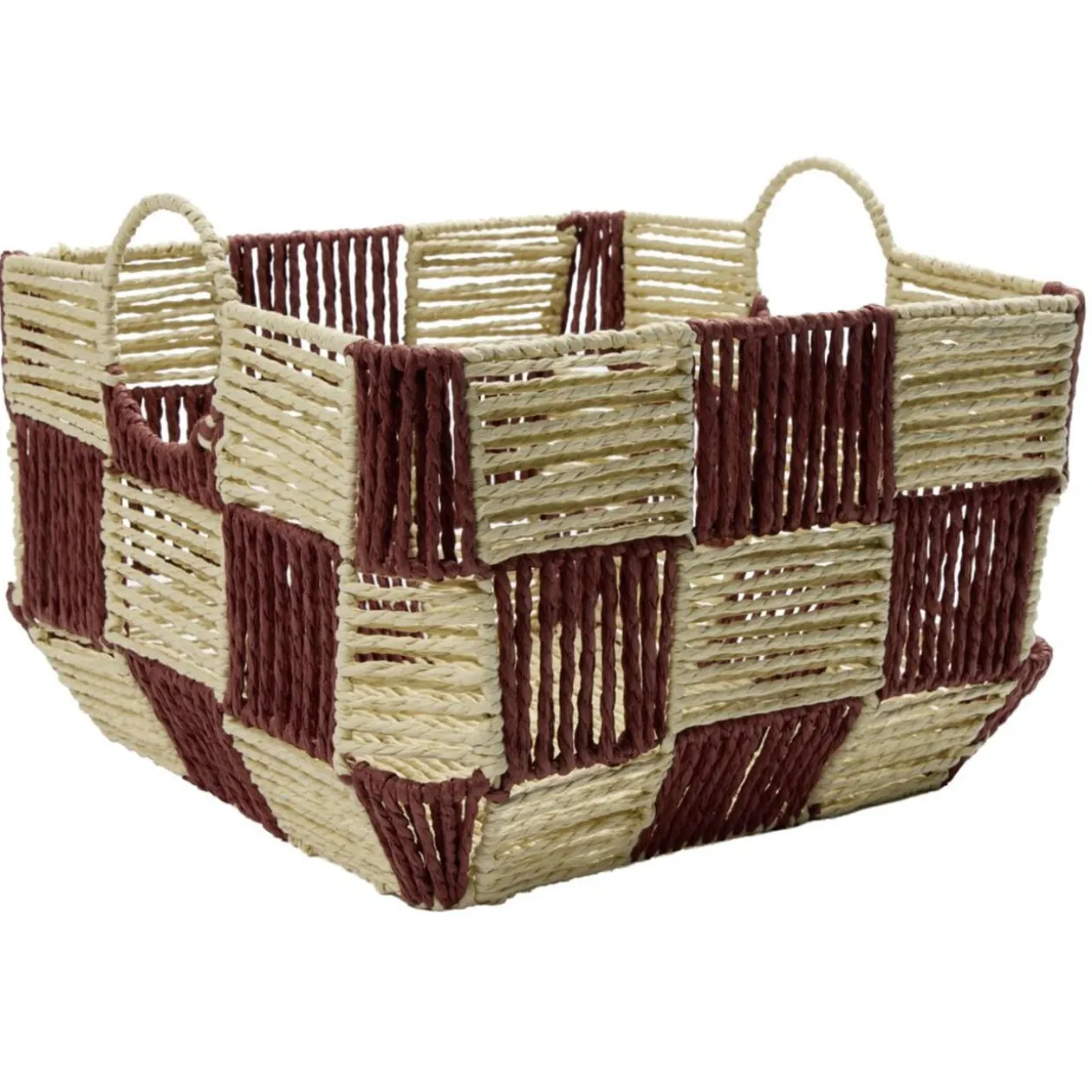 Panière de rangement carrée damier papier beige et rouge 34x34xH24cm