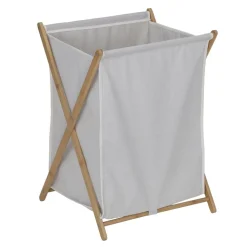 Panière à linge 70L pliante bambou et tissu beige 45x38,5xH64cm