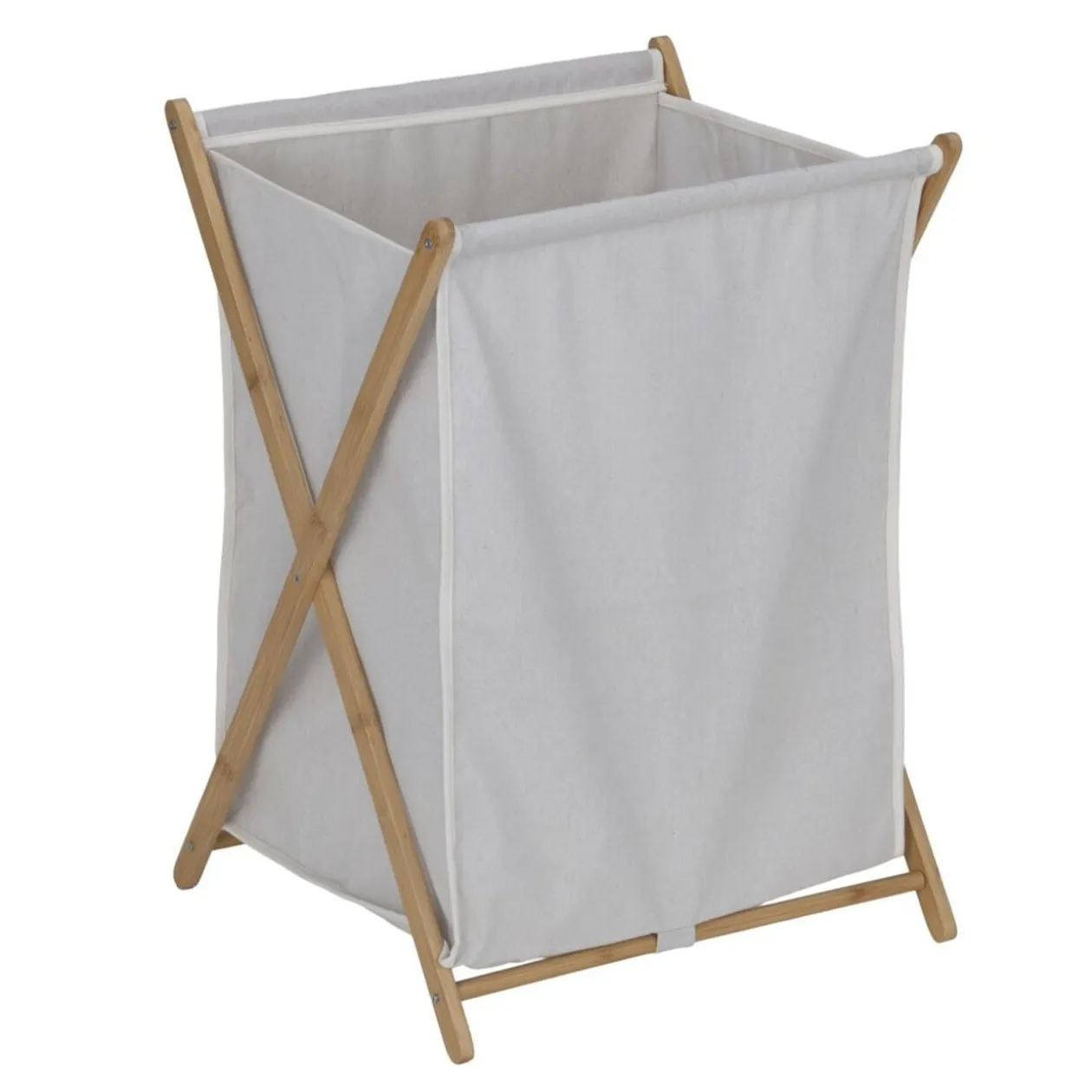 Panière à linge 70L pliante bambou et tissu beige 45x38,5xH64cm