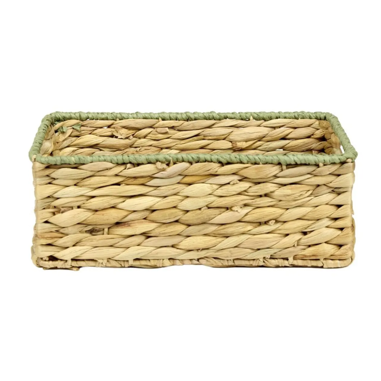 Panière rectangulaire jacinthe tressée naturel avec bord vert 32x22xH12cm
