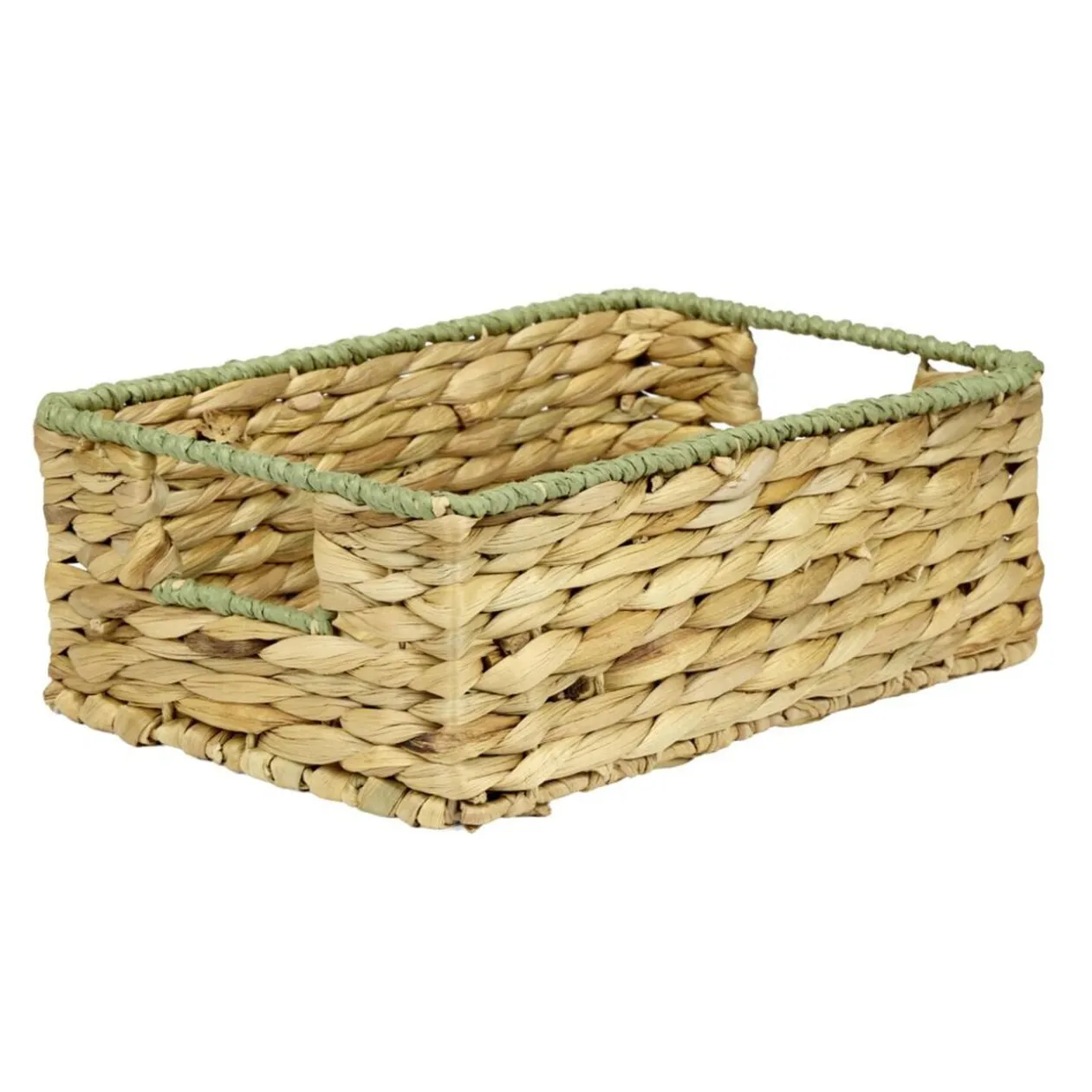 Panière rectangulaire jacinthe tressée naturel avec bord vert 32x22xH12cm