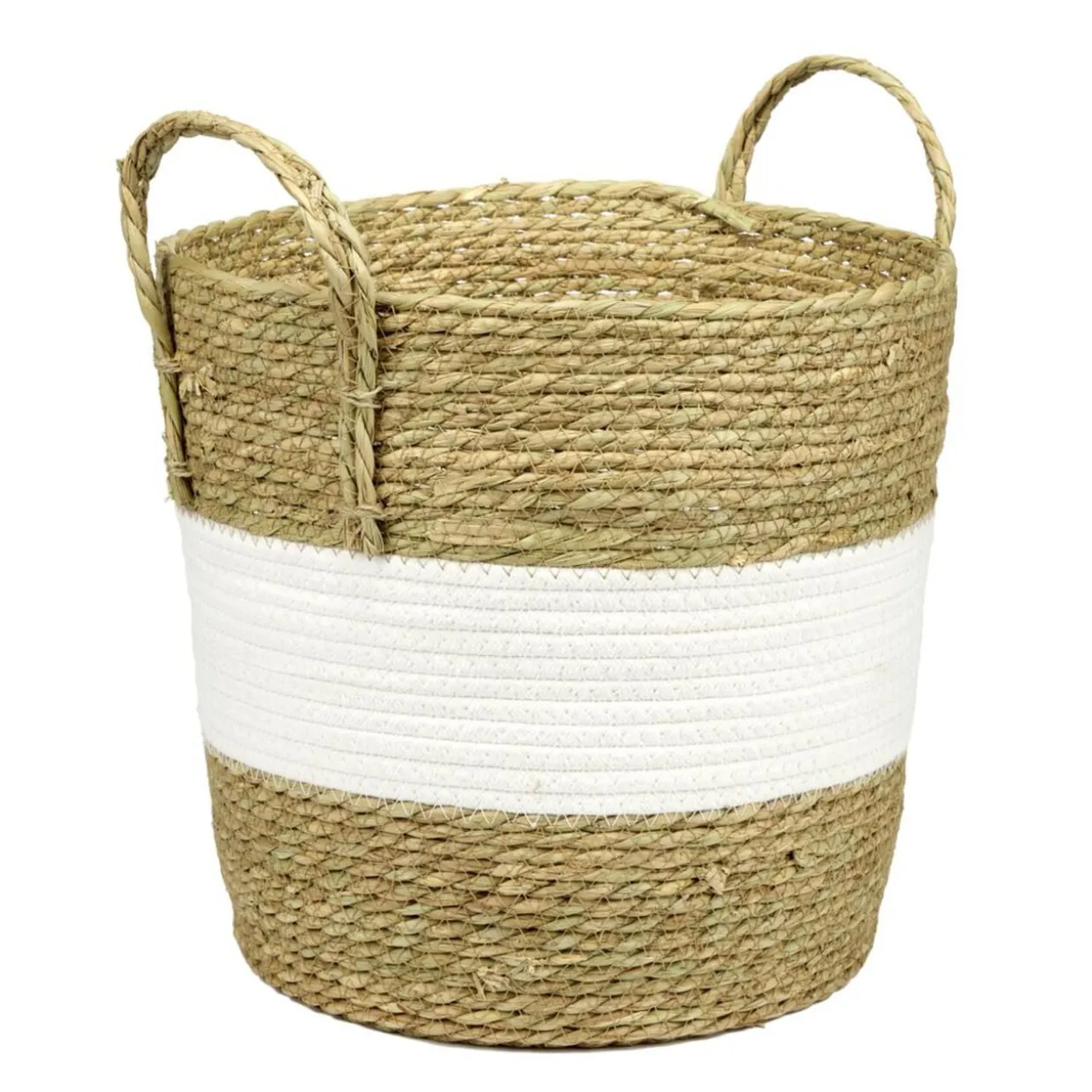 Panière ronde avec anses fibres et coton bicolore naturel et blanc Ø33xH33cm