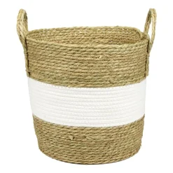 Panière ronde avec anses fibres et coton bicolore naturel et blanc Ø33xH33cm
