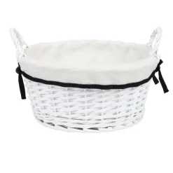 Panière ronde en bois tressé doublure tissu blanc noeud noir Ø30xH14cm