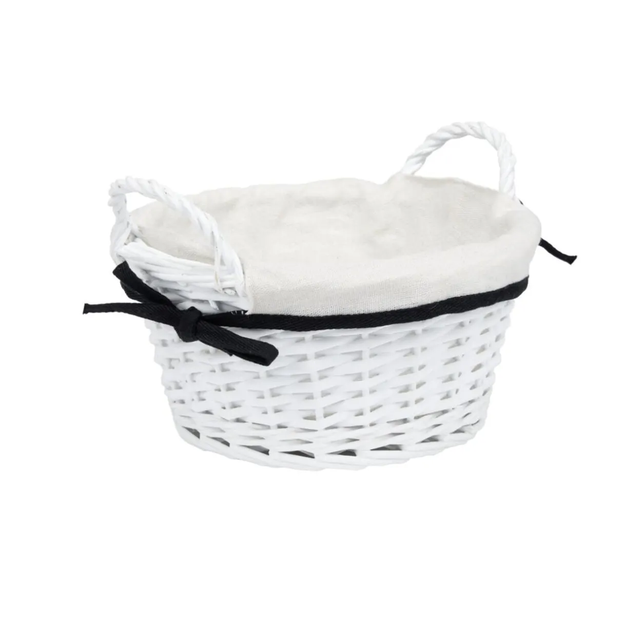 Panière ronde en bois tressé doublure tissu blanc noeud noir Ø25xH12cm < Gifi Outlet