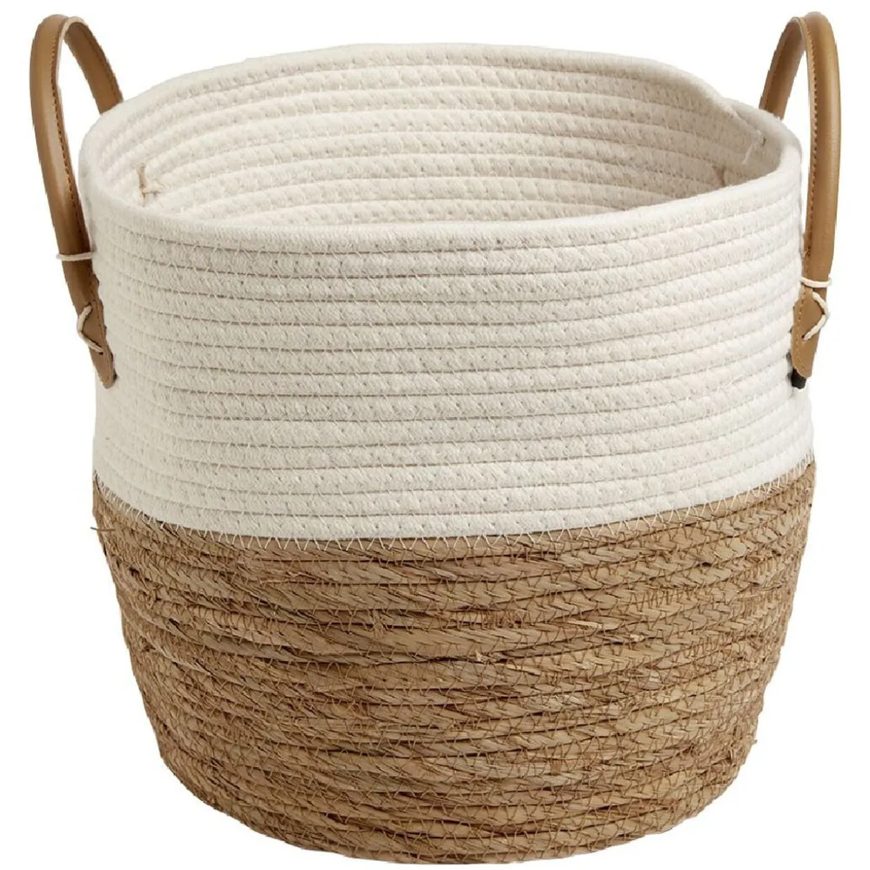 Panière tressée coton beige et jacynthe avec poignées Ø30xH28cm