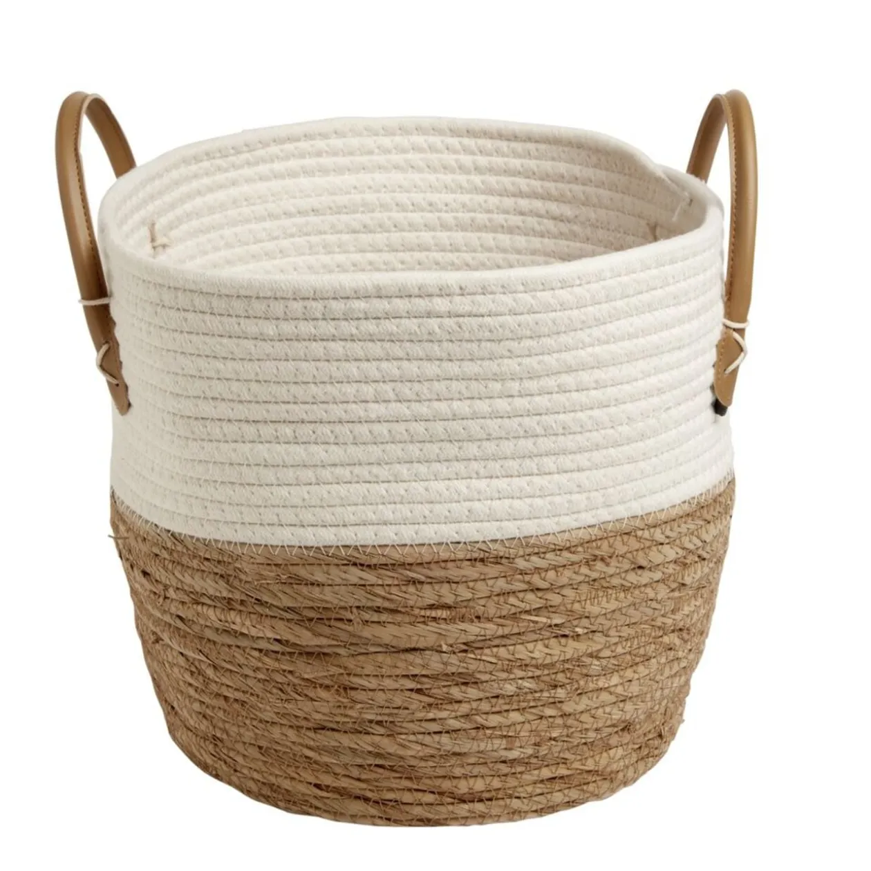 Panière tressée coton beige et jacynthe avec poignées Ø30xH28cm