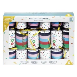 Papillote surprise 6 personnes multicolore avec couronne et blague < Gifi