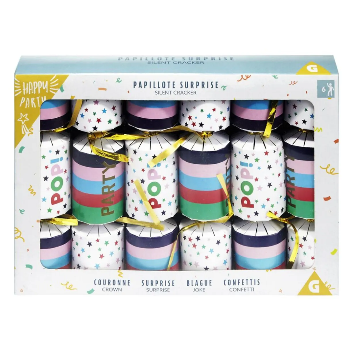 Papillote surprise 6 personnes multicolore avec couronne et blague < Gifi