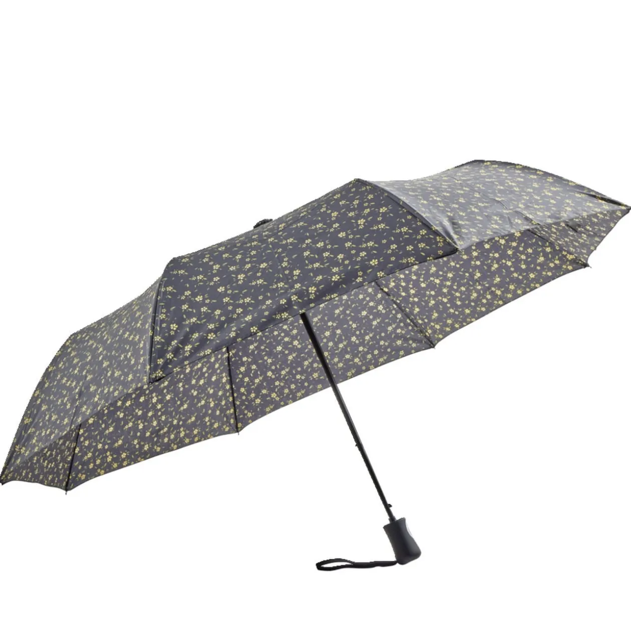 Parapluie pliable automatique uni noir et fleur jaune L24cm