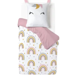 Parure de lit enfant 1 personne 140x200cm réversible motif licorne arc-en-ciel rose < Gifi