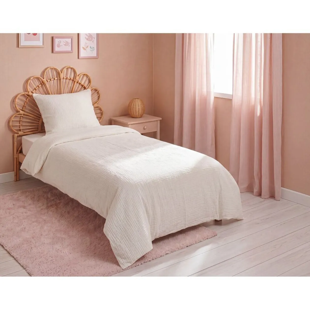 Parure de lit 1 personne gaze de coton 1 housse L200X140 cm 1 taie 63X63 cm uni blanc