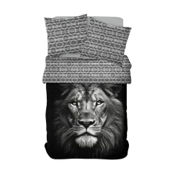 Parure de lit 2 personnes 240x220cm coton motif lion noir et blanc < Gifi