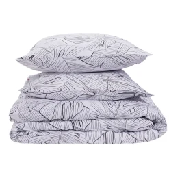 Parure de lit 2 personnes 240x220cm coton motif feuillage blanc et noir