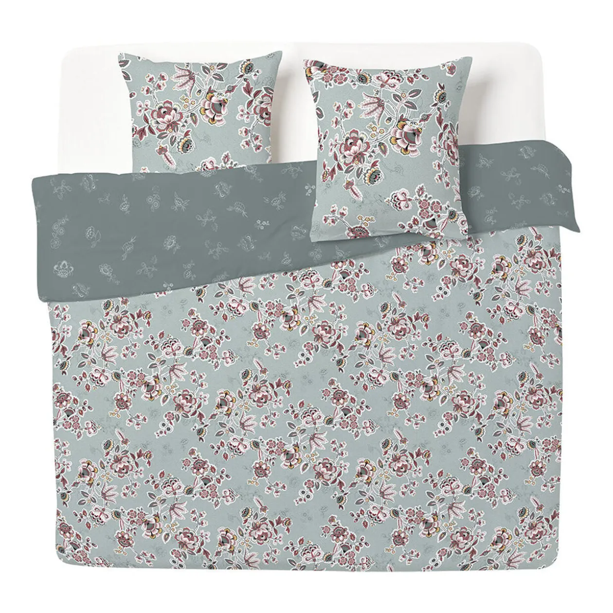 Parure de lit 2 personnes 240x260cm motif floral vert et rose