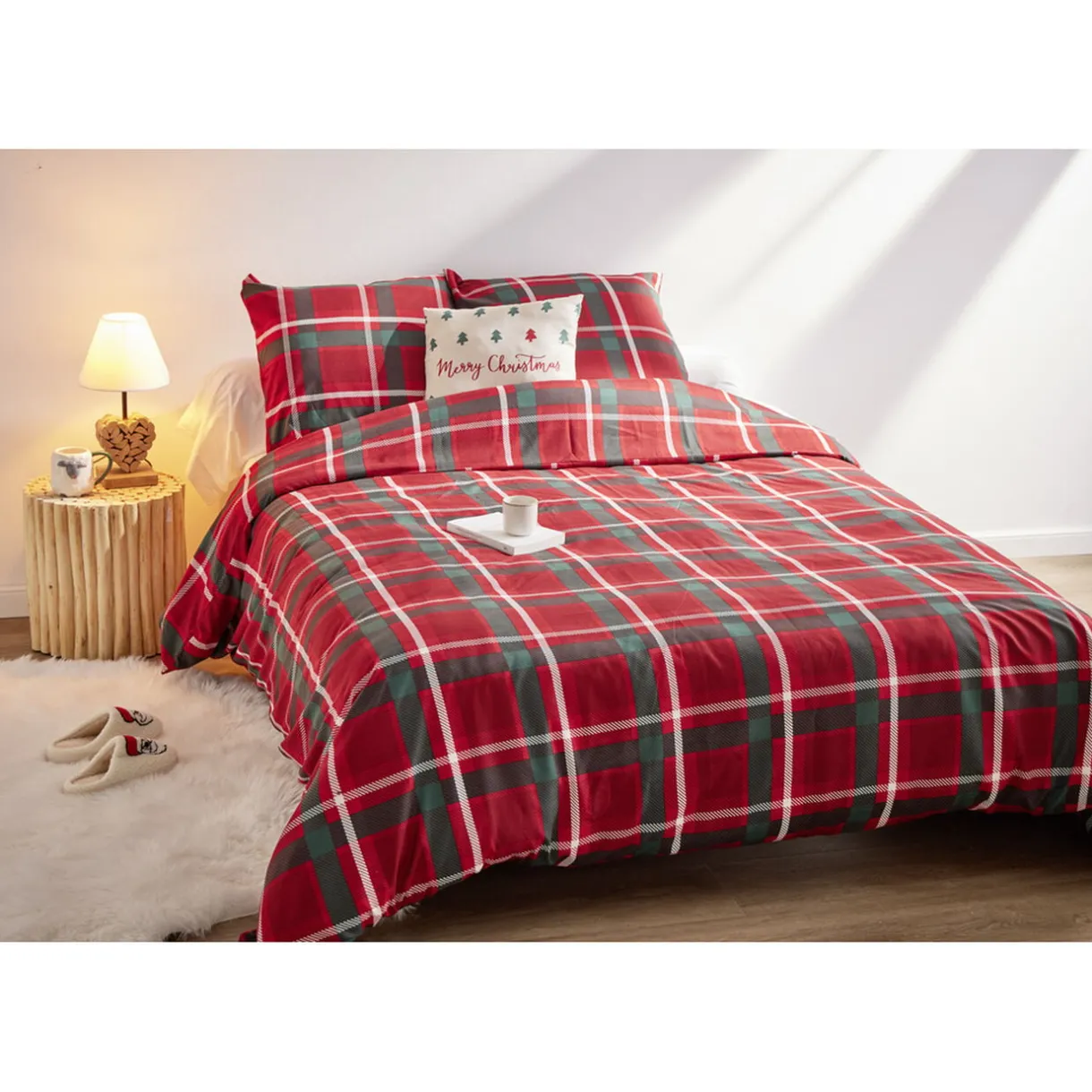 Parure de lit 2 personnes 240x220cm Noël tartan rouge < Gifi Online