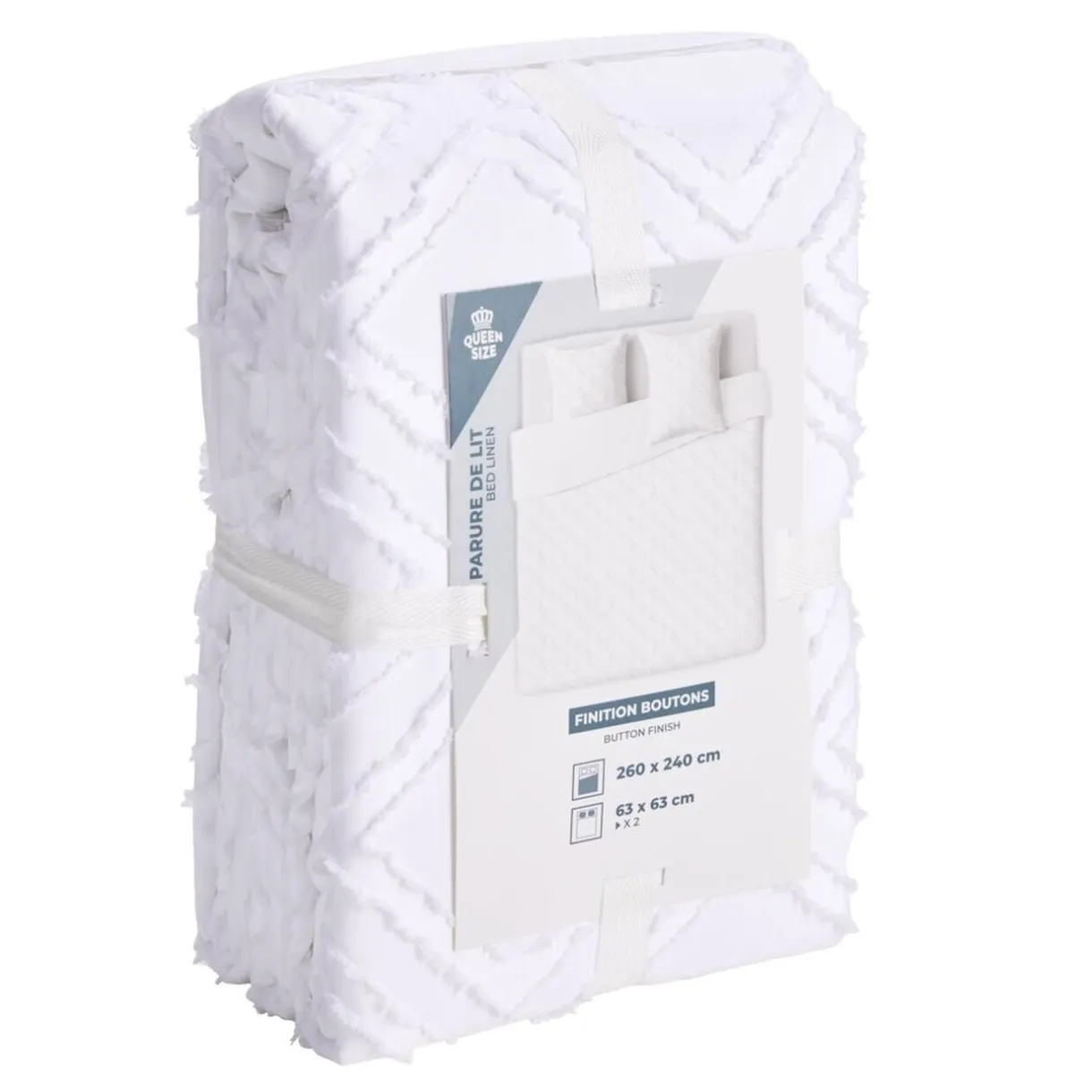 Parure de lit 2 personnes 260x240cm Queen Size uni tufté (2 modèles beige ou blanc) < Gifi Discount