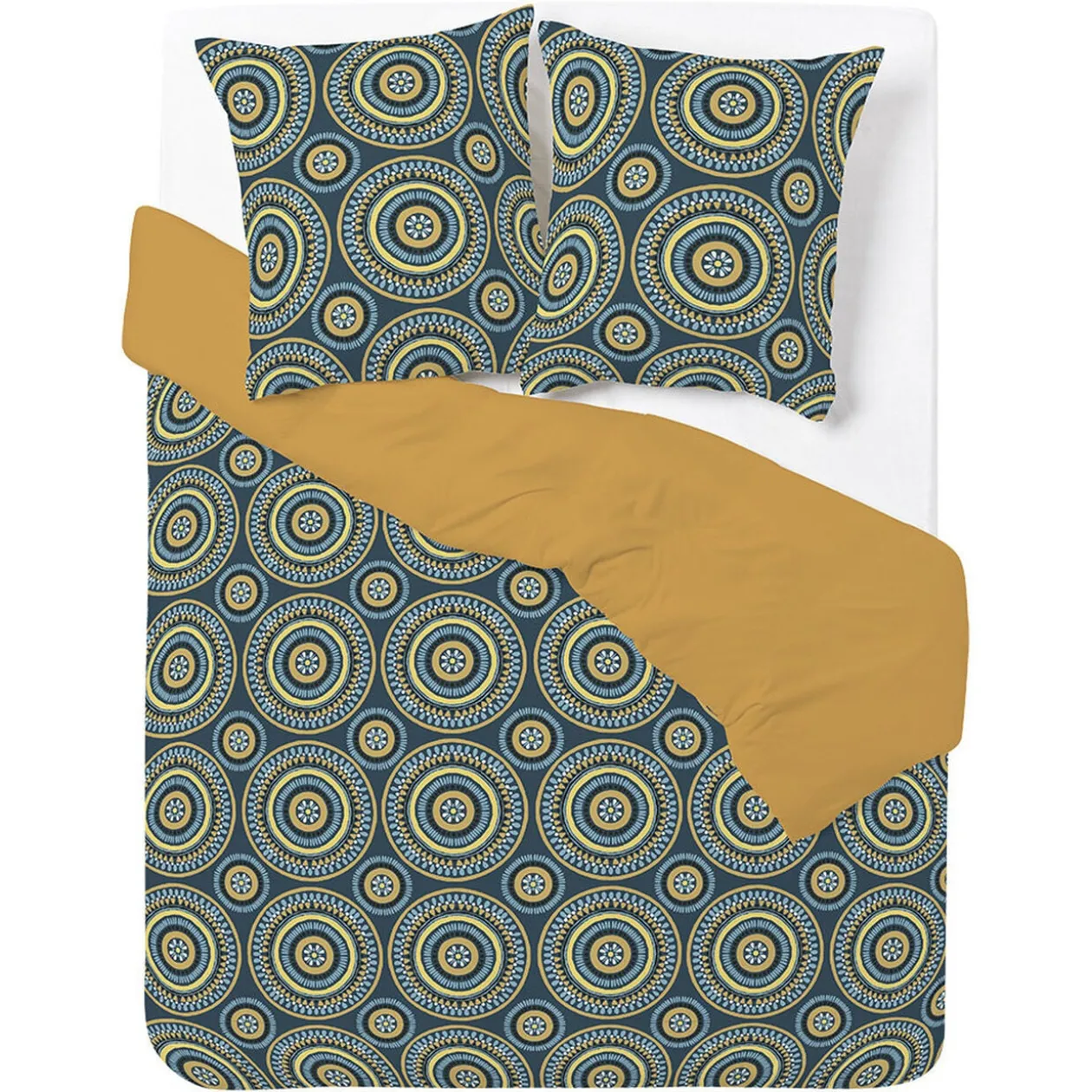 Parure de lit 2 personnes 240x220cm réversible motif arabesque orange et bleu