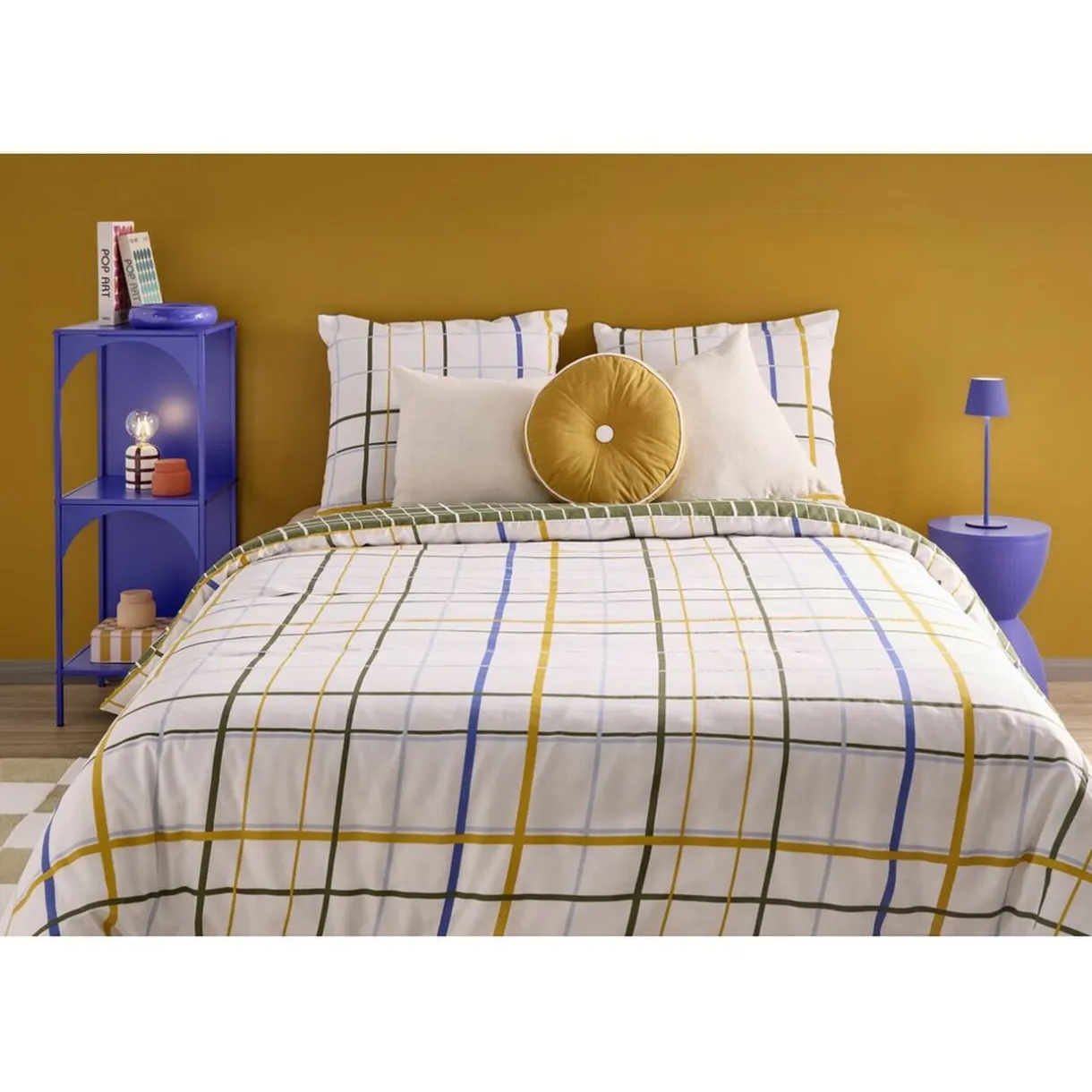 Parure de lit 2 personnes 220x240cm 2 taies 63x63cm coton carreaux rouge et orange