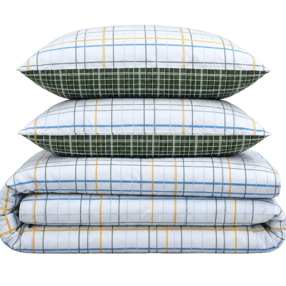 Parure de lit 2 personnes 220x240cm 2 taies 63x63cm coton carreaux blanc et vert < Gifi