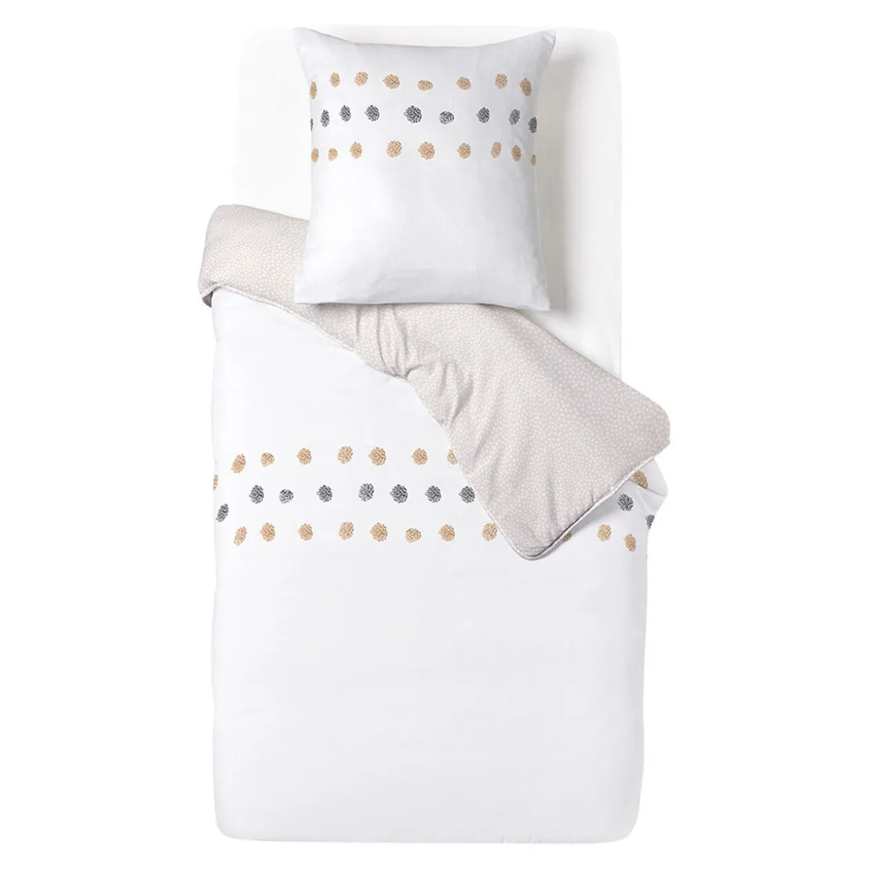 Parure de lit 1 personne 140x200cm réversible pompon tufté blanc