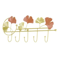 Patère 5 crochets déco feuillage métal doré et orangé L47xH21,5cm