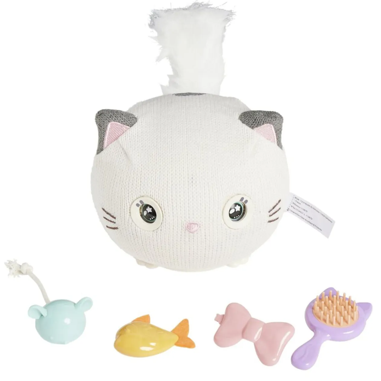 Peluche chaton interactif tissage laine blanc avec accessoires Ø19xH19cm