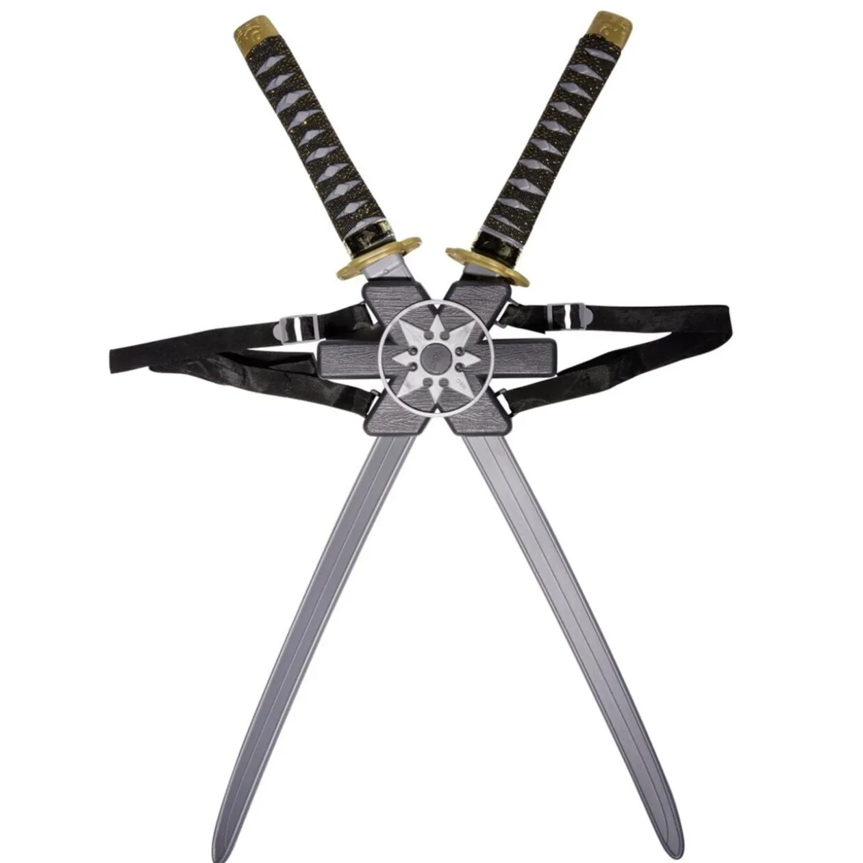 Épée ninja grise et noire L65cm x2 avec support dorsal