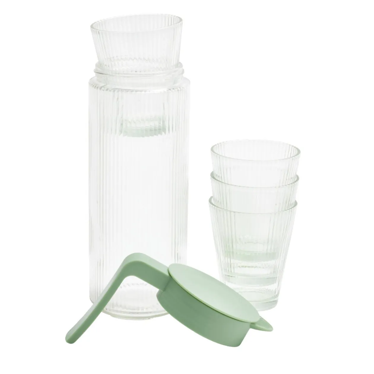 Pichet en verre et plastique vert avec 4 verres