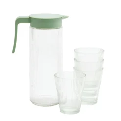 Pichet en verre et plastique vert avec 4 verres